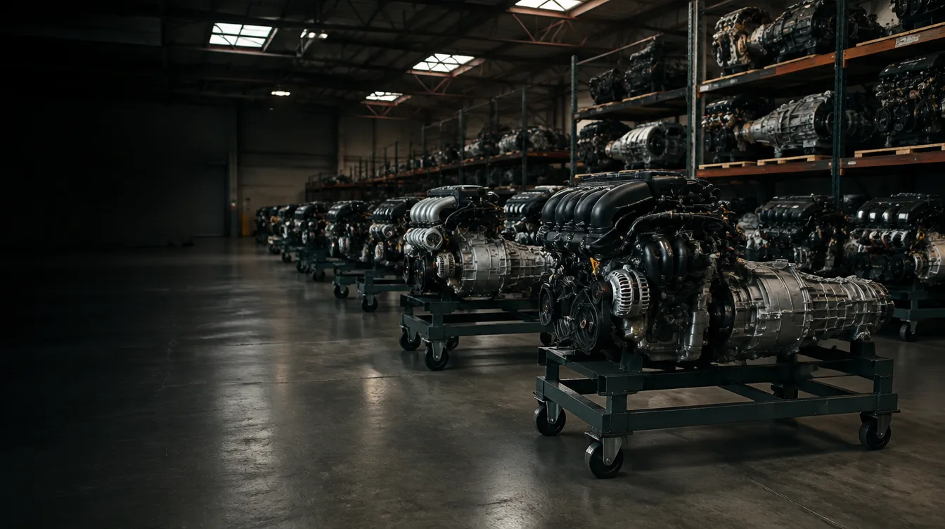 Illustrative warehouse scene with engines and transmissions organized on rolling stands
